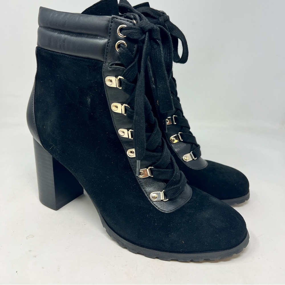 WHBM Becca Combat Boots Black Suede Block Heel Lace Up Side Zip 9M